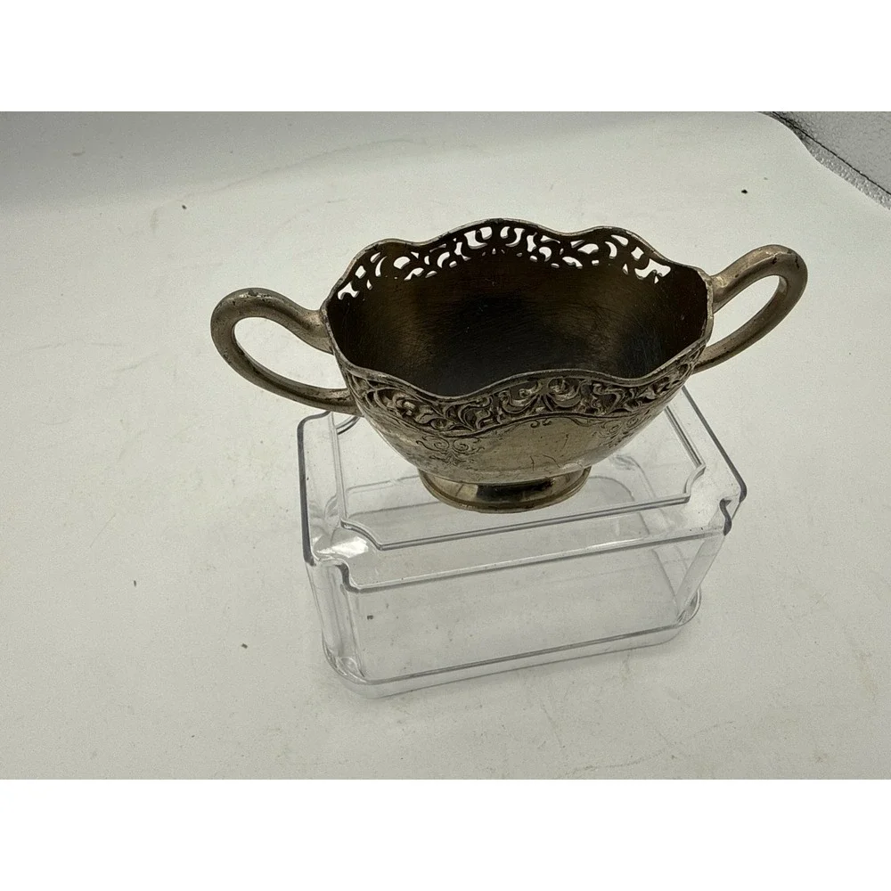 Vintage Silverplate Reticulated Sugar Bowl Ornate Floral Engraved Double Handle